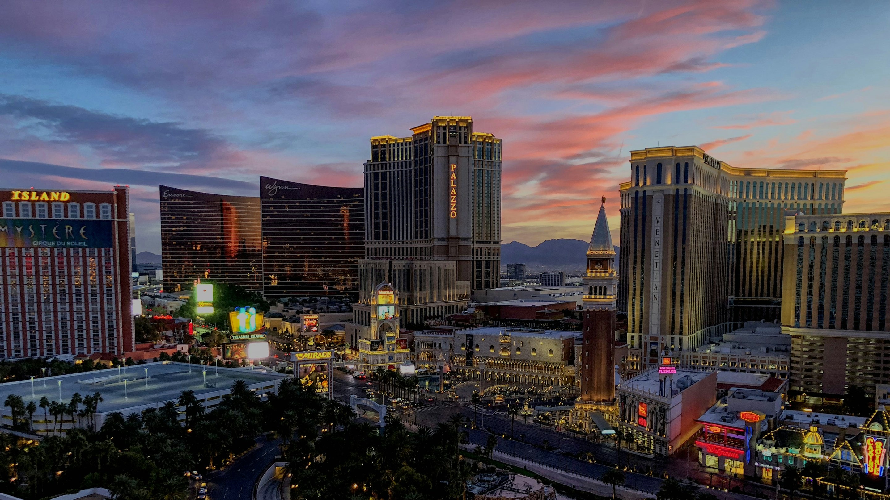 The Las Vegas Strip at sunset seen from above